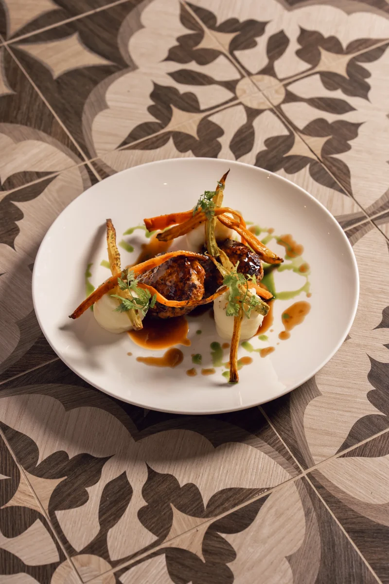 piatto di polpette gourmet con verdure stick, messo sul pavimento con trama floreale con colore dominante marrone