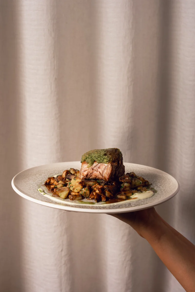 piatto di carne con patate e funghi tenuto in mano da una persona con uno sfondo di un tendaggio marrone chiaro